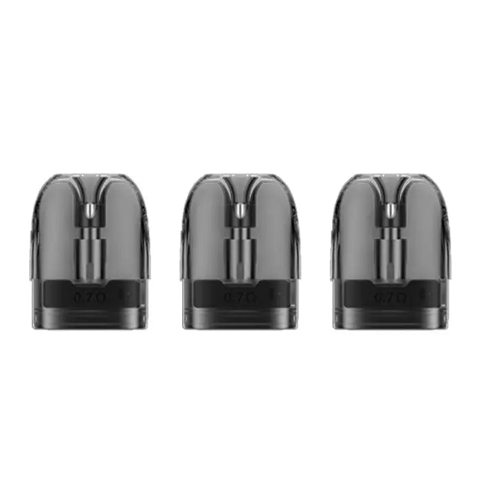 Three identical black vape pods or cartridges lined up side by side.