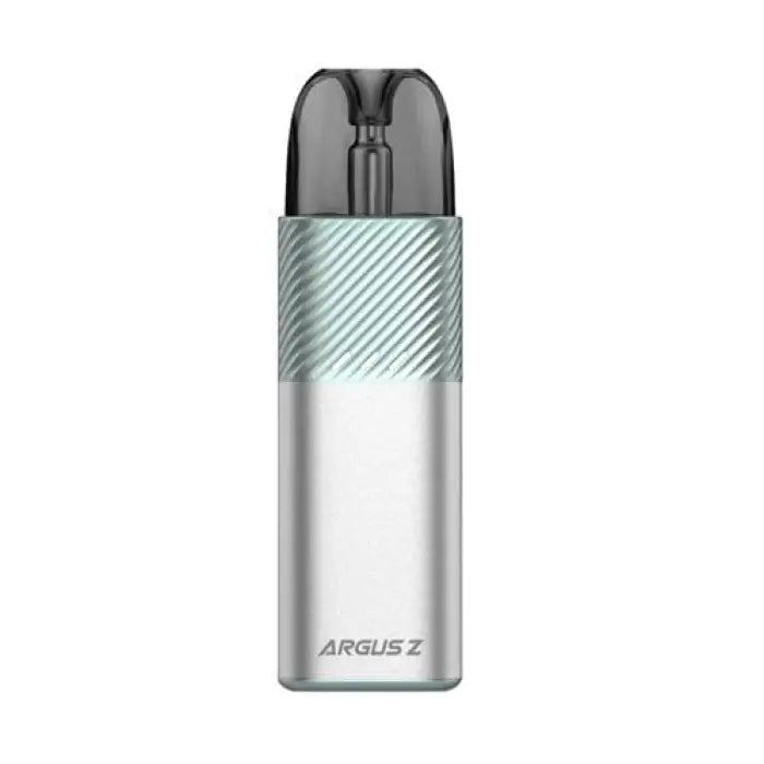 Sleek electronic vaping device with a silver body and textured mint green accent.