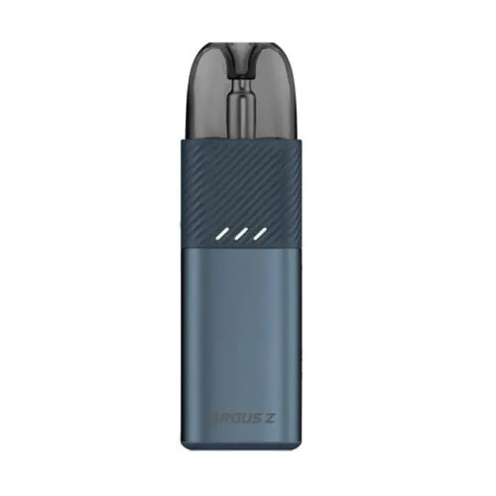 Sleek blue-gray electronic vaping device with a textured grip section and transparent mouthpiece.