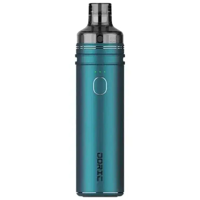 Teal and black cylindrical vaping device or e-cigarette.