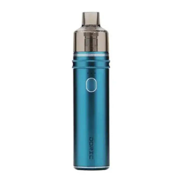 Metallic blue vape pen or e-cigarette device with a silver mouthpiece.