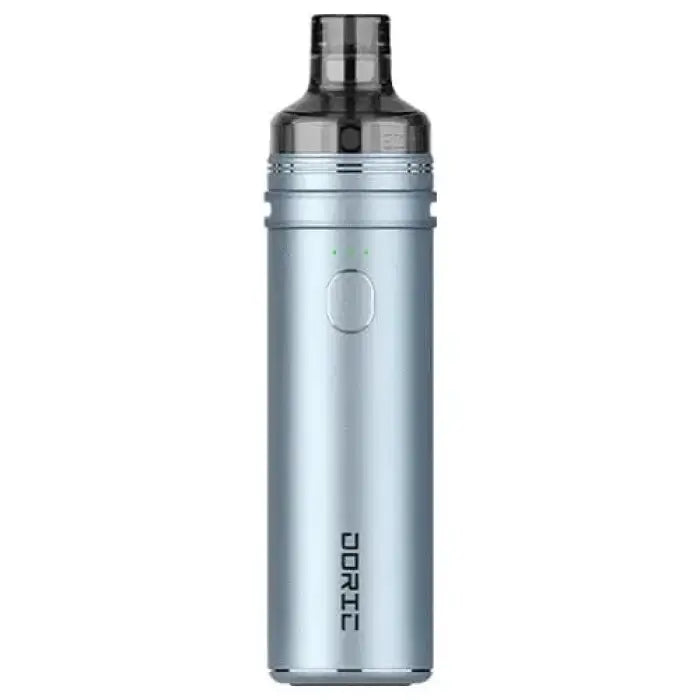 Sleek metallic vaping device or e-cigarette with a cylindrical body and dark top section.