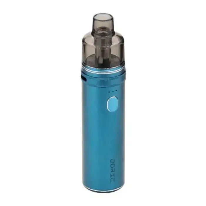 Metallic blue cylindrical vape device with a clear mouthpiece and power button.