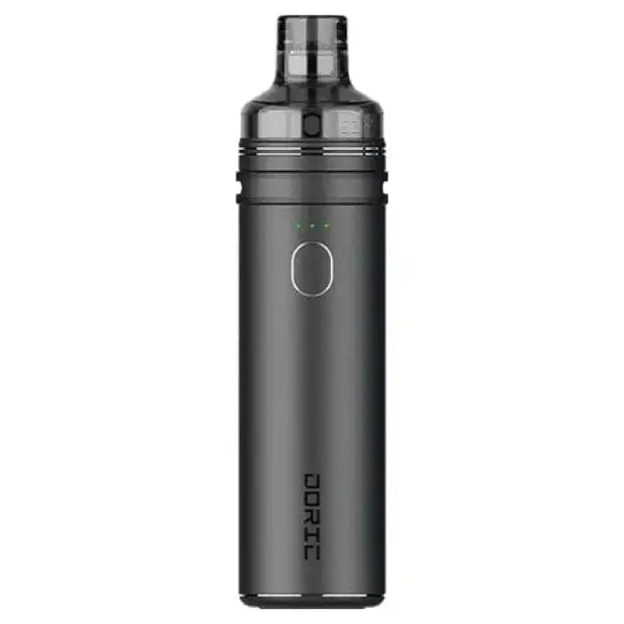 Sleek, dark gray cylindrical vaping device or e-cigarette with a button and branding.