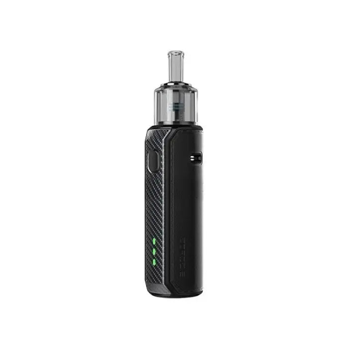 Electronic vaping device with a black body and clear tank section.