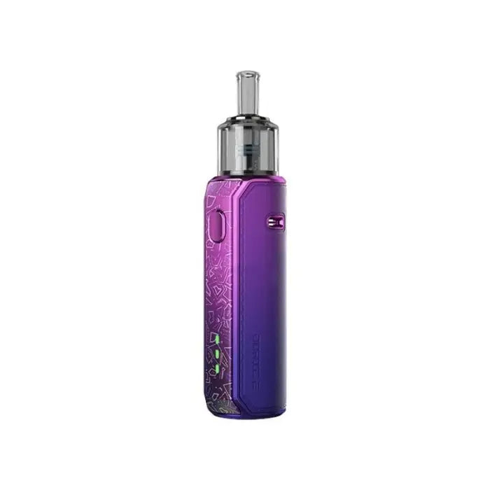 Purple and gradient-colored electronic vaping device with a clear tank and silver mouthpiece.