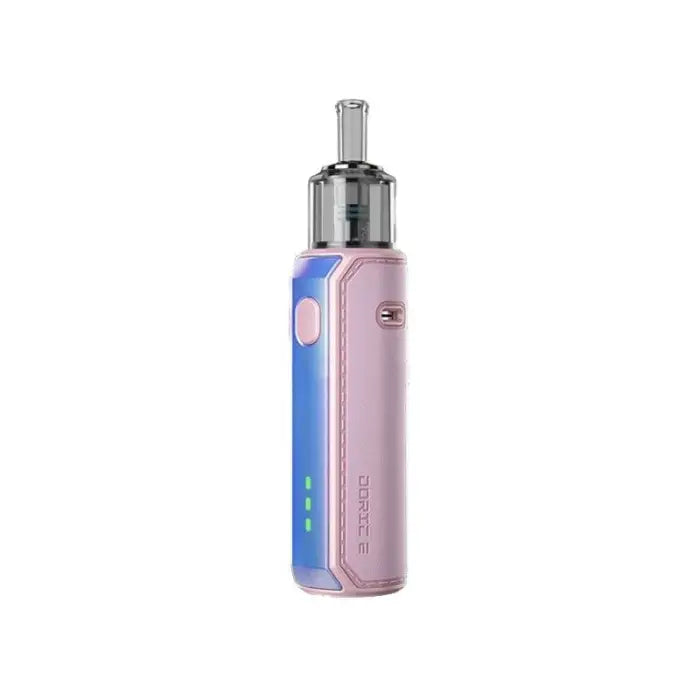 Sleek electronic vaping device in pink and blue with a clear tank and metallic mouthpiece.