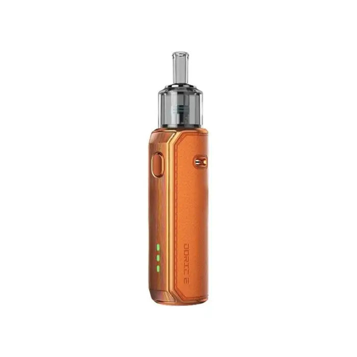 Orange electronic vaping device with a clear tank and metallic mouthpiece.