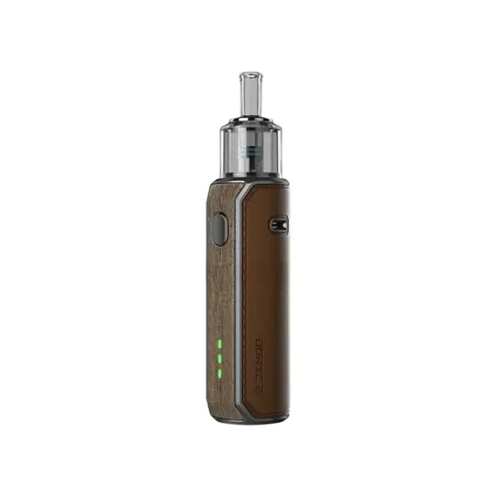 Electronic cigarette or vaping device with a brown body and clear tank.