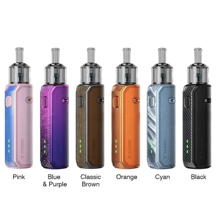 Set of six electronic vaping devices in different colors.