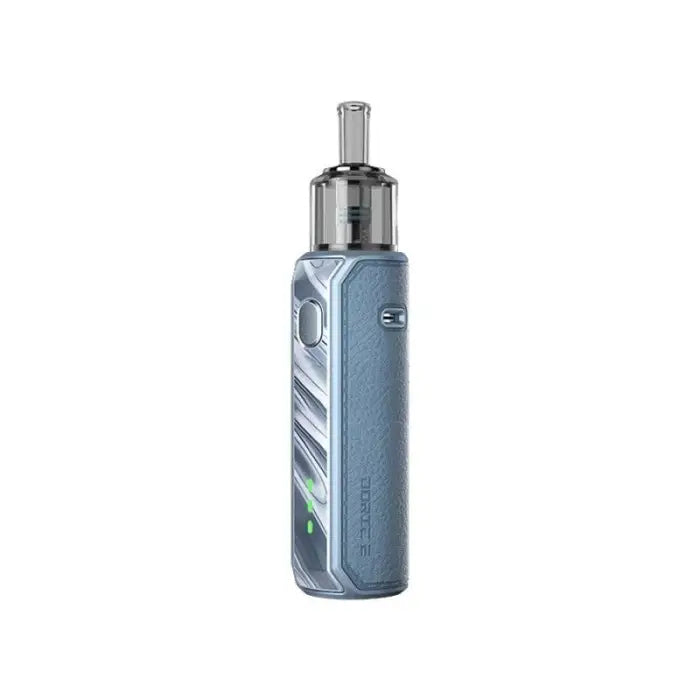 Electronic cigarette or vaping device with a blue metallic body and clear tank section.