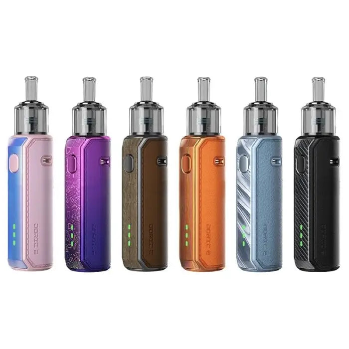 Set of colorful electronic vaping devices or e-cigarettes in various designs and finishes.