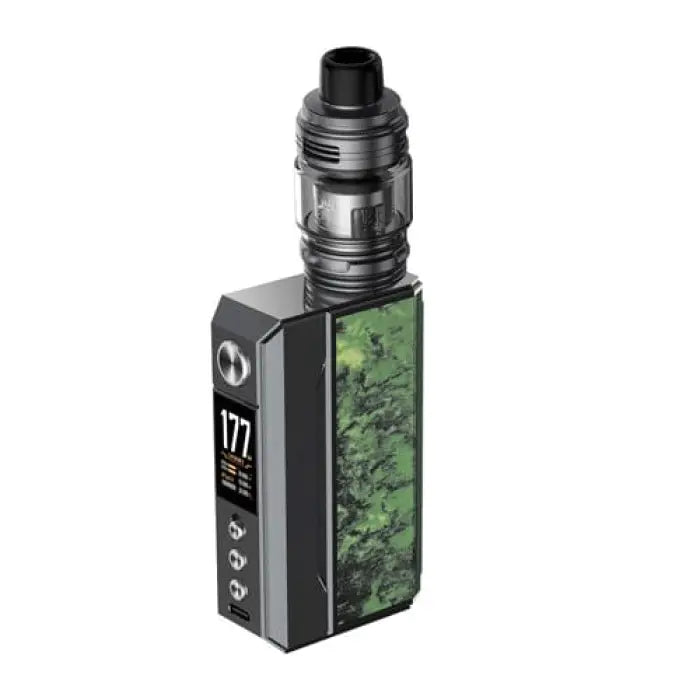 Electronic vaping device with a green marbled panel and digital display.