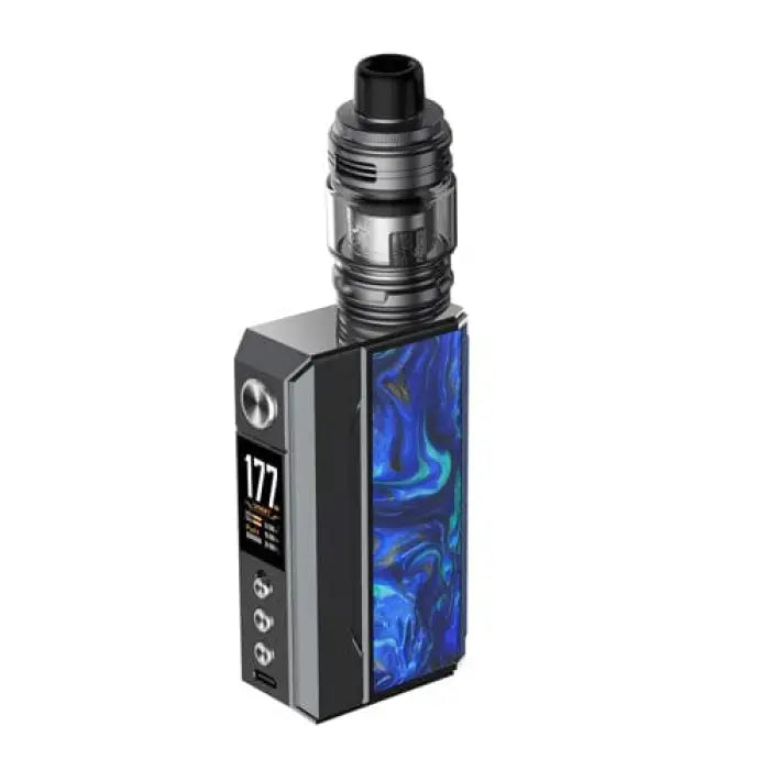 Electronic vaping device with a blue swirled pattern on its body and a digital display showing ’177’’.