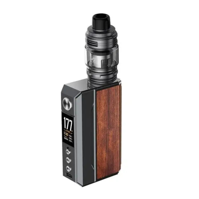 Electronic vaping device with a wooden panel and digital display.