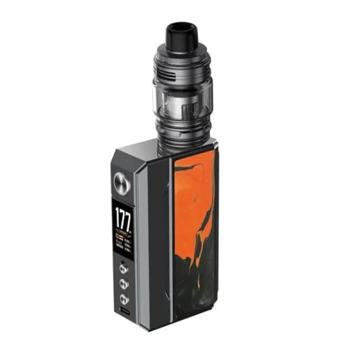 Electronic vaping device with a black and orange design featuring a digital display.