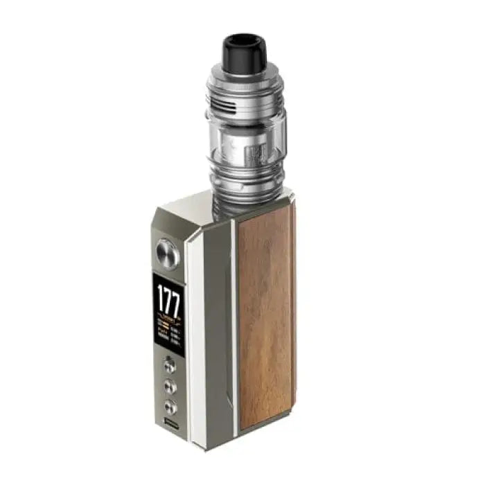 Electronic vaping device with a wood-paneled side and digital display showing ’177’’.