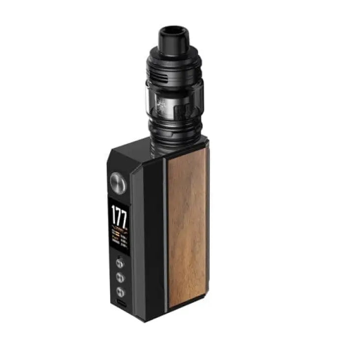 Electronic vaping device with a black body and wood-grain panel.