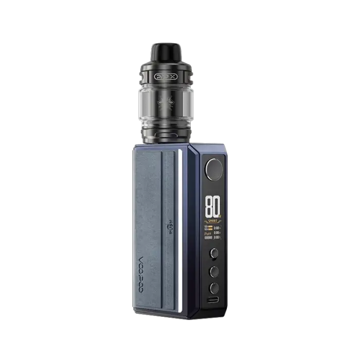 Electronic vaping device with a digital display and detachable tank.