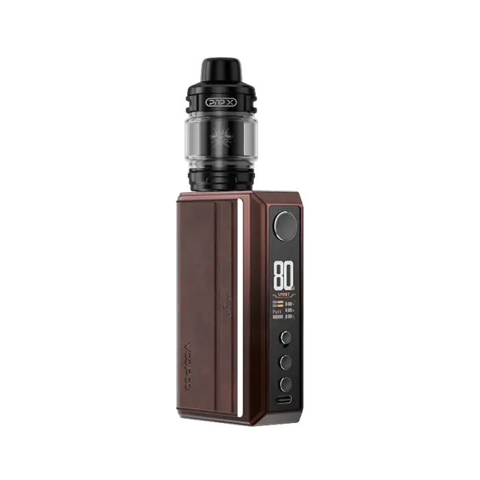 Electronic vaping device with a brown rectangular body and black tank attachment.