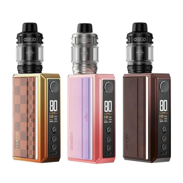 Three electronic vaping devices or e-cigarettes in different colors.