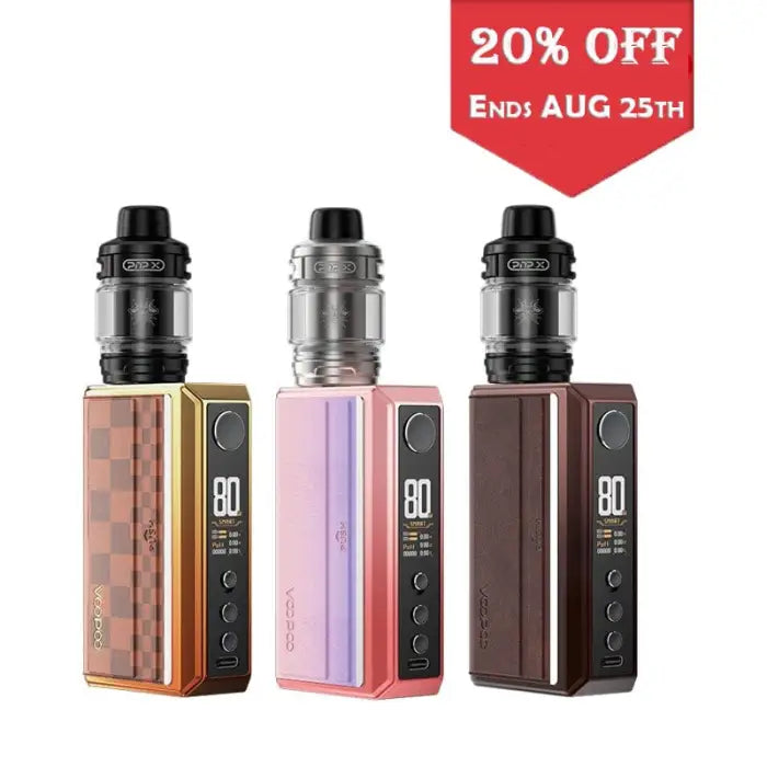 Three vaping devices or e-cigarettes in different colors with attached tanks.