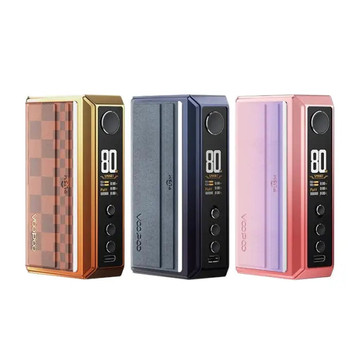 Three electronic vaping devices or box mods in different colors and finishes.