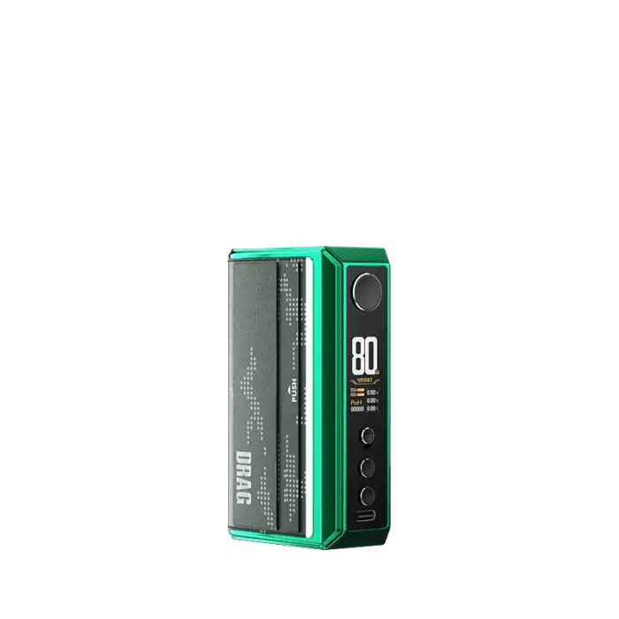 Electronic vaping device or mod with a digital display and green accents.