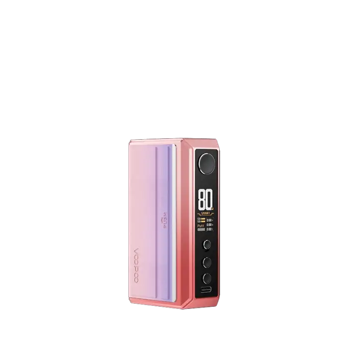 Pink and purple electronic vaping device with a digital display.