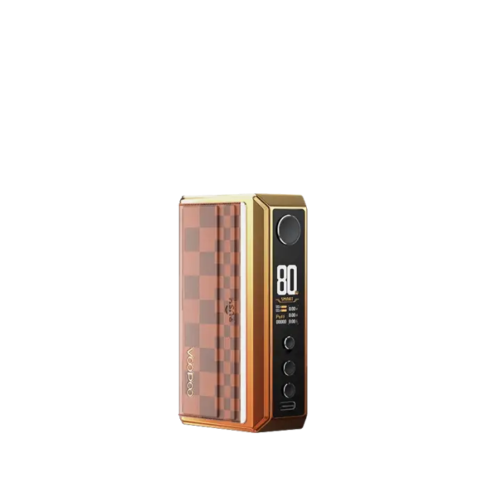 Electronic vaping device with a gold-colored metal body and a transparent amber-tinted tank or compartment.