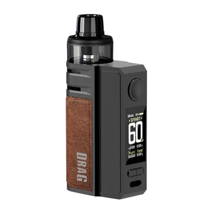 Electronic vaping device with a black body, digital display, and brown leather accent panel.