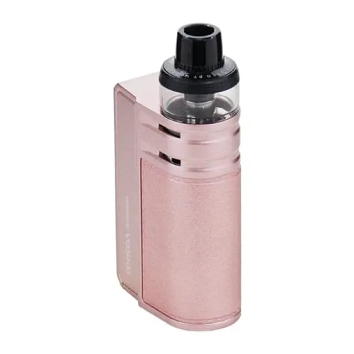 Rose gold electronic cigarette or vaping device with a clear tank section.