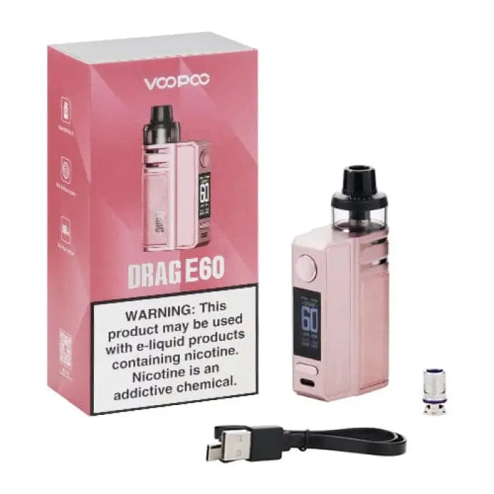 Pink electronic vaping device with its packaging and accessories.