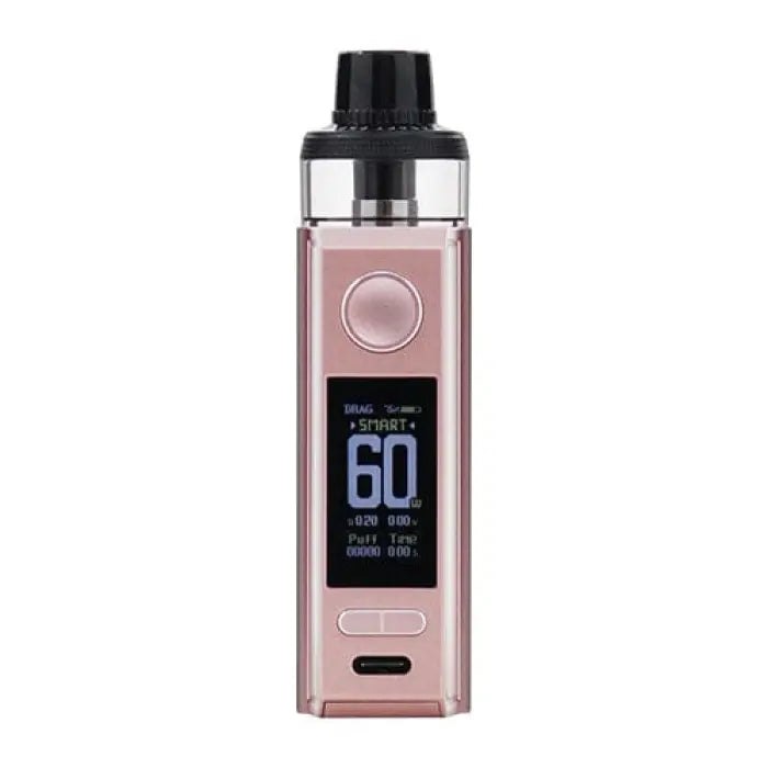 Electronic vaping device with a digital display and rose gold body.