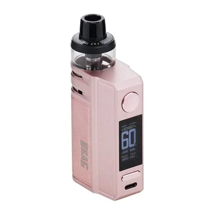 Pink electronic vaping device with a digital display and removable tank.