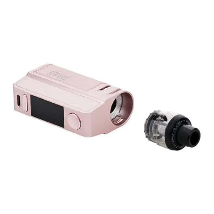 Pink rectangular electronic device with a small display and buttons, likely a vaping mod or e-cigarette.