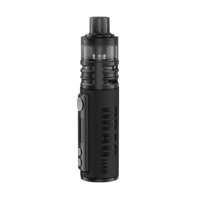 Black cylindrical electronic vaping device with a tank and adjustable settings.