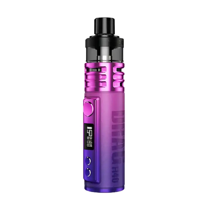 Electronic vaping device with a purple and black color scheme.