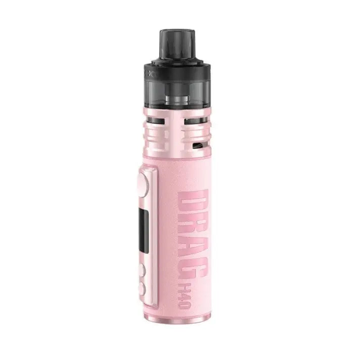 Pink electronic vaping device or e-cigarette with a cylindrical body and black mouthpiece.