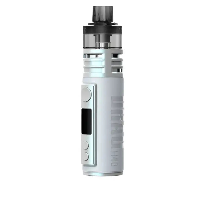 Electronic vaping device or e-cigarette with a cylindrical body and transparent tank section.