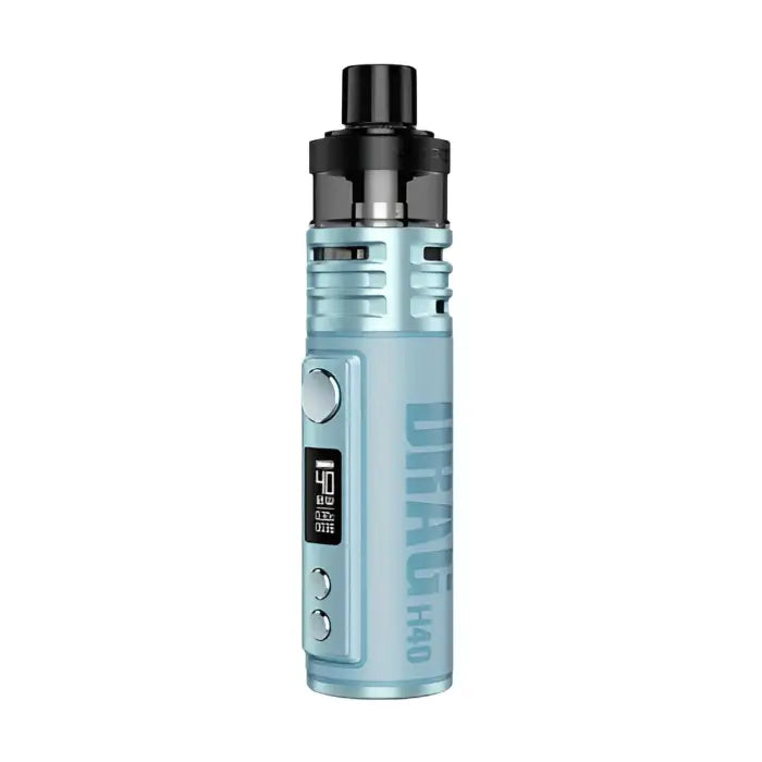 Light blue electronic vaping device with a digital display and adjustable settings.