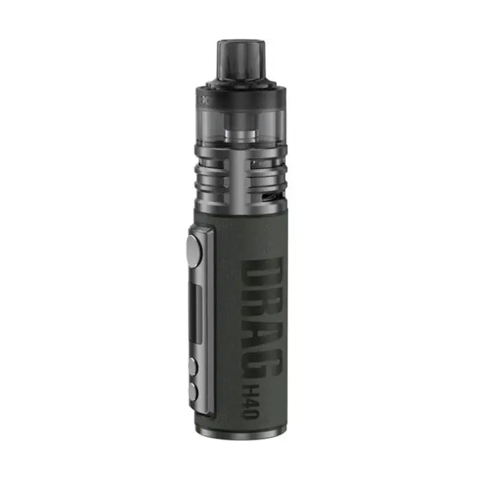 Electronic vaping device or e-cigarette with a cylindrical body and tank system.