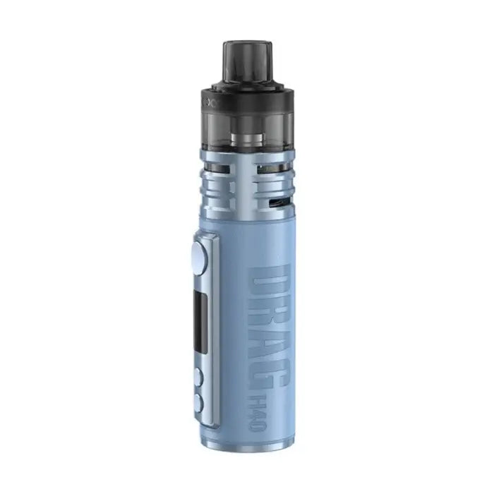 Light blue cylindrical vaping device or e-cigarette with a black mouthpiece and visible tank section.