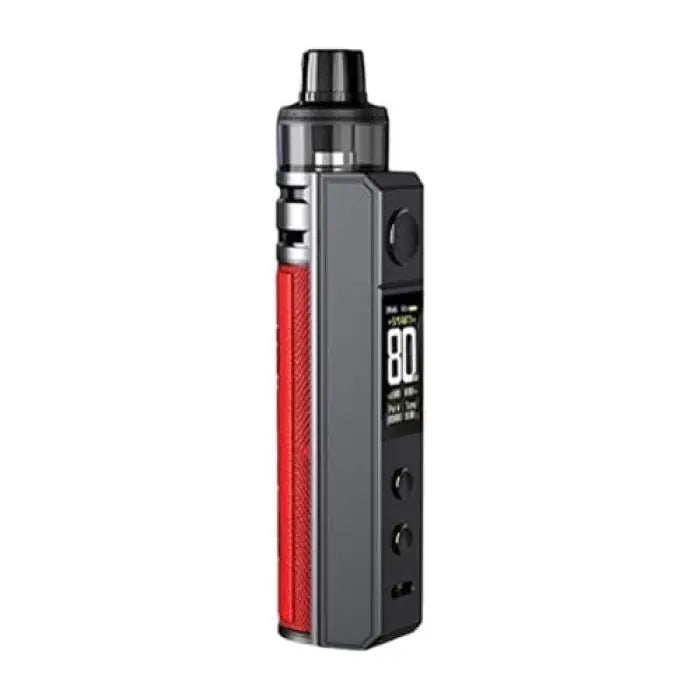 Electronic vaping device with a red and black body featuring a digital display.