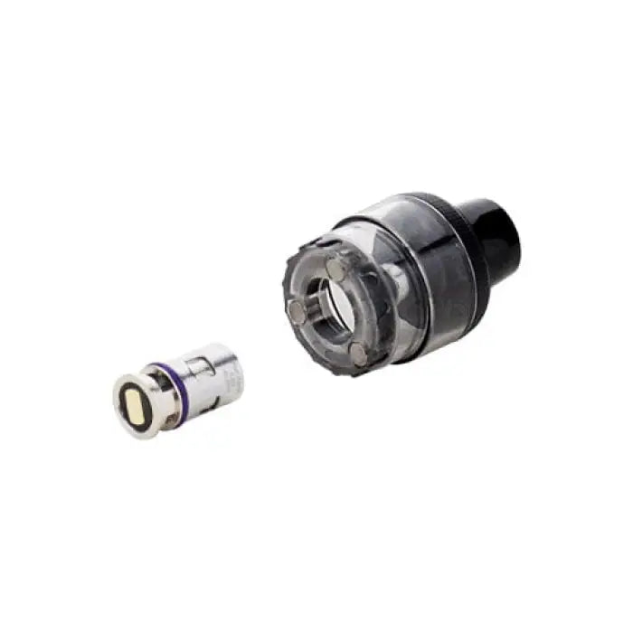 Mechanical coupling or connector with a transparent central component and metallic housing.