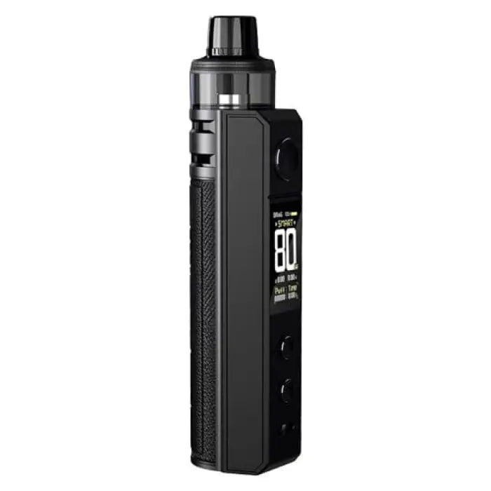 Electronic vaping device with a digital display and sleek black design.