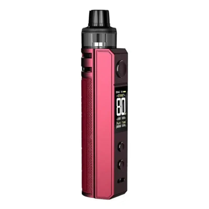 Electronic vaping device with a pink metallic body and digital display screen.