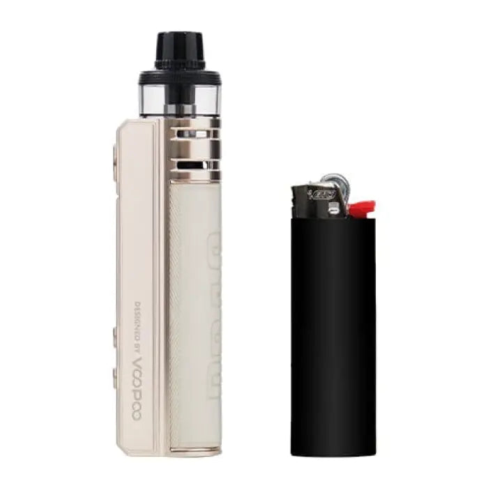 Electronic cigarette or vaping device with a metallic body and black mouthpiece.