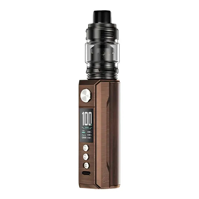 Electronic vaping device with a metallic brown body and digital display.