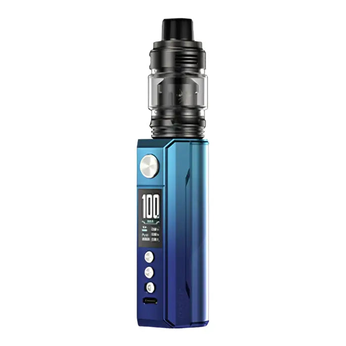 Electronic vaping device with a blue-to-navy gradient body and digital display.